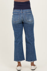 Navy Distressed Open Knee Cropped Wide Leg Maternity Jeans