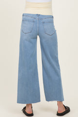 woman wearing light blue wide-leg maternity jeans, view from the back, featuring frayed hem