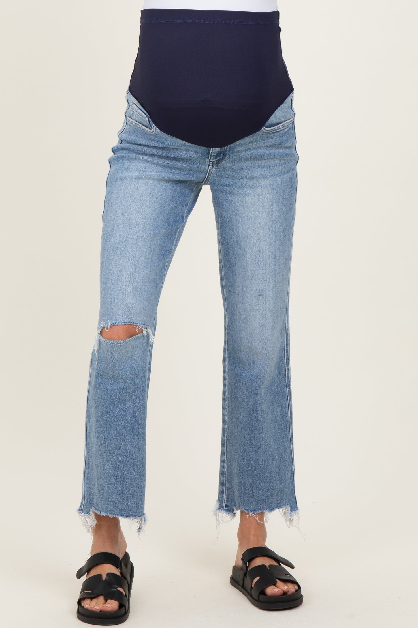 Light Blue Distressed Open Knee Fray Hem Straight Leg Maternity Jeans