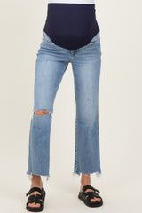 Light Blue Distressed Open Knee Fray Hem Straight Leg Maternity Jeans