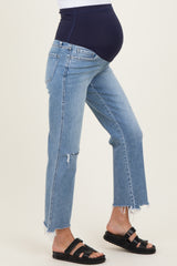 Light Blue Distressed Open Knee Fray Hem Straight Leg Maternity Jeans