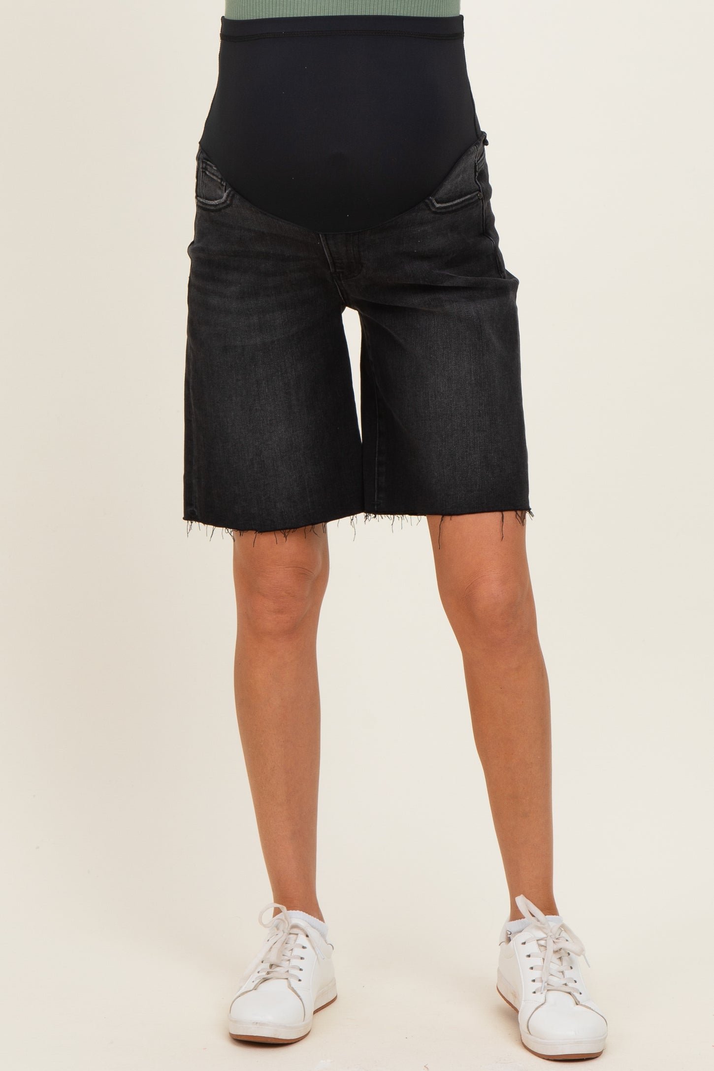 Black Raw Hem Bermuda Maternity Jean Shorts