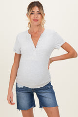 Navy Distressed Frayed Hem Midi Maternity Jean Shorts