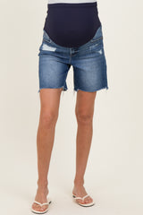 Navy Distressed Frayed Hem Midi Maternity Jean Shorts