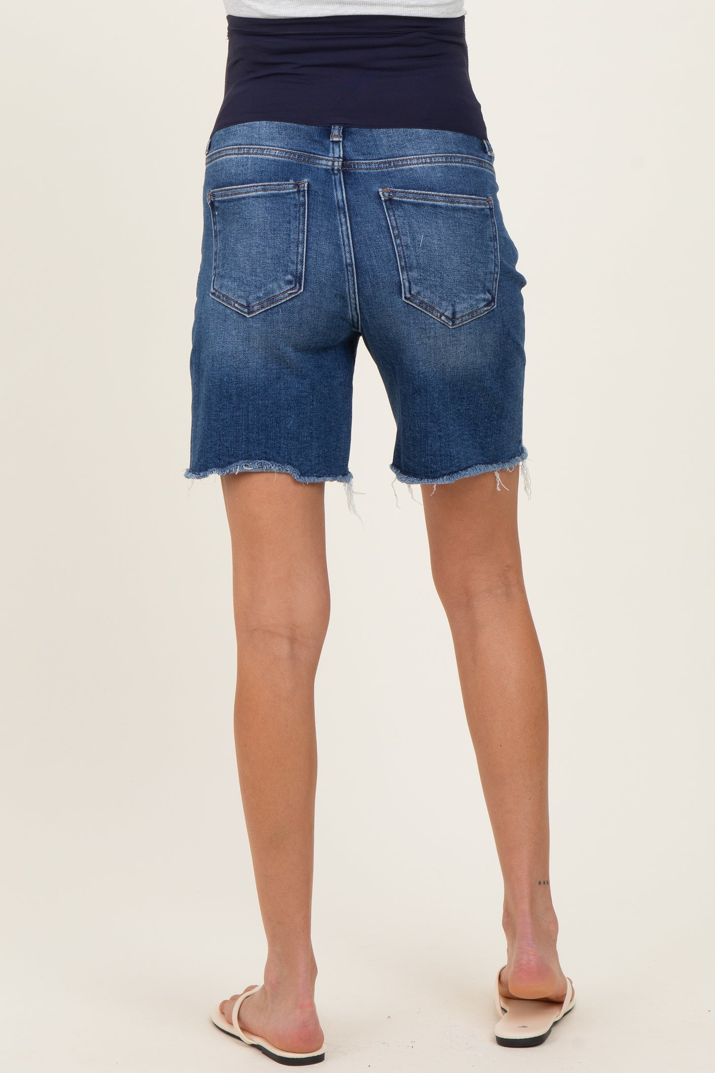 Navy Distressed Frayed Hem Midi Maternity Jean Shorts