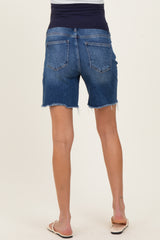 Navy Distressed Frayed Hem Midi Maternity Jean Shorts
