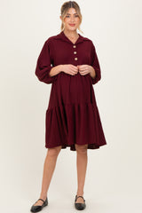 Burgundy Long Sleeve Button Down Collared Tiered Maternity Dress