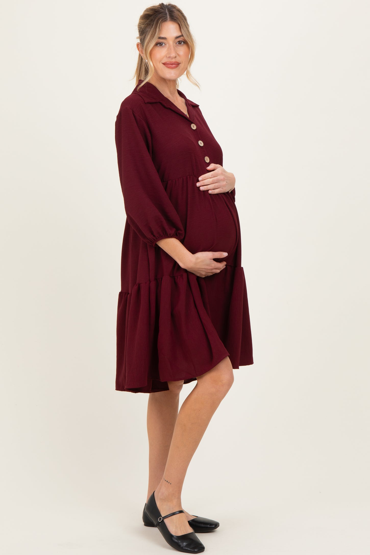 Burgundy Long Sleeve Button Down Collared Tiered Maternity Dress PinkBlush Burgundy Long Sleeve Button Down Collared Tiered Maternity Dress PinkBlush
