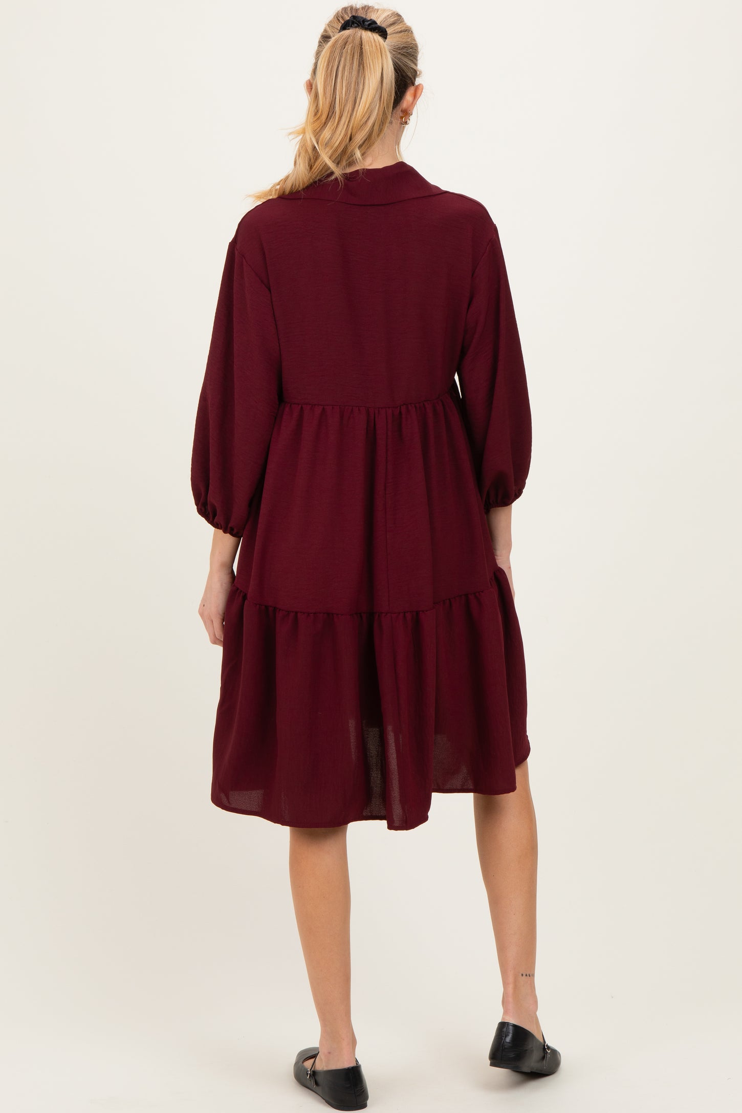Burgundy Long Sleeve Button Down Collared Tiered Maternity Dress PinkBlush Burgundy Long Sleeve Button Down Collared Tiered Maternity Dress PinkBlush