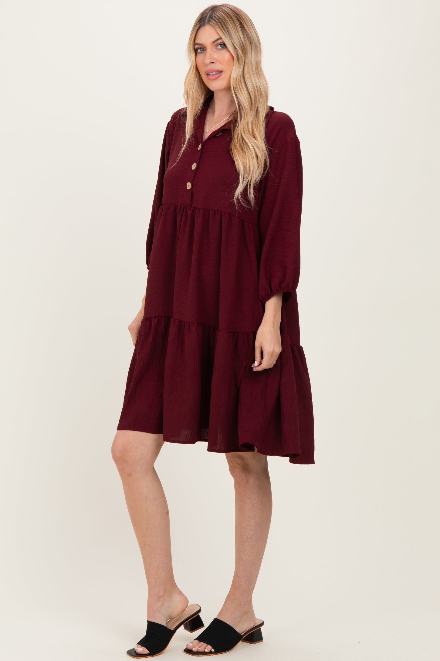 Burgundy Long Sleeve Button Down Collared Tiered Dress