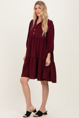 Burgundy Long Sleeve Button Down Collared Tiered Dress