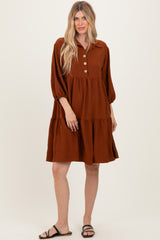 Camel Long Sleeve Button Down Collared Tiered Maternity Dress