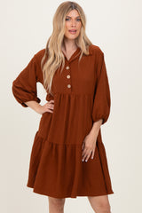 Camel Long Sleeve Button Down Collared Tiered Dress