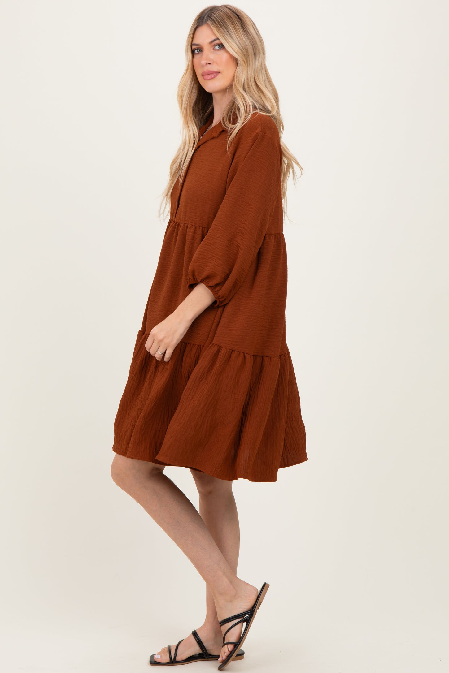 Camel Long Sleeve Button Down Collared Tiered Dress
