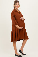 Camel Long Sleeve Button Down Collared Tiered Maternity Dress