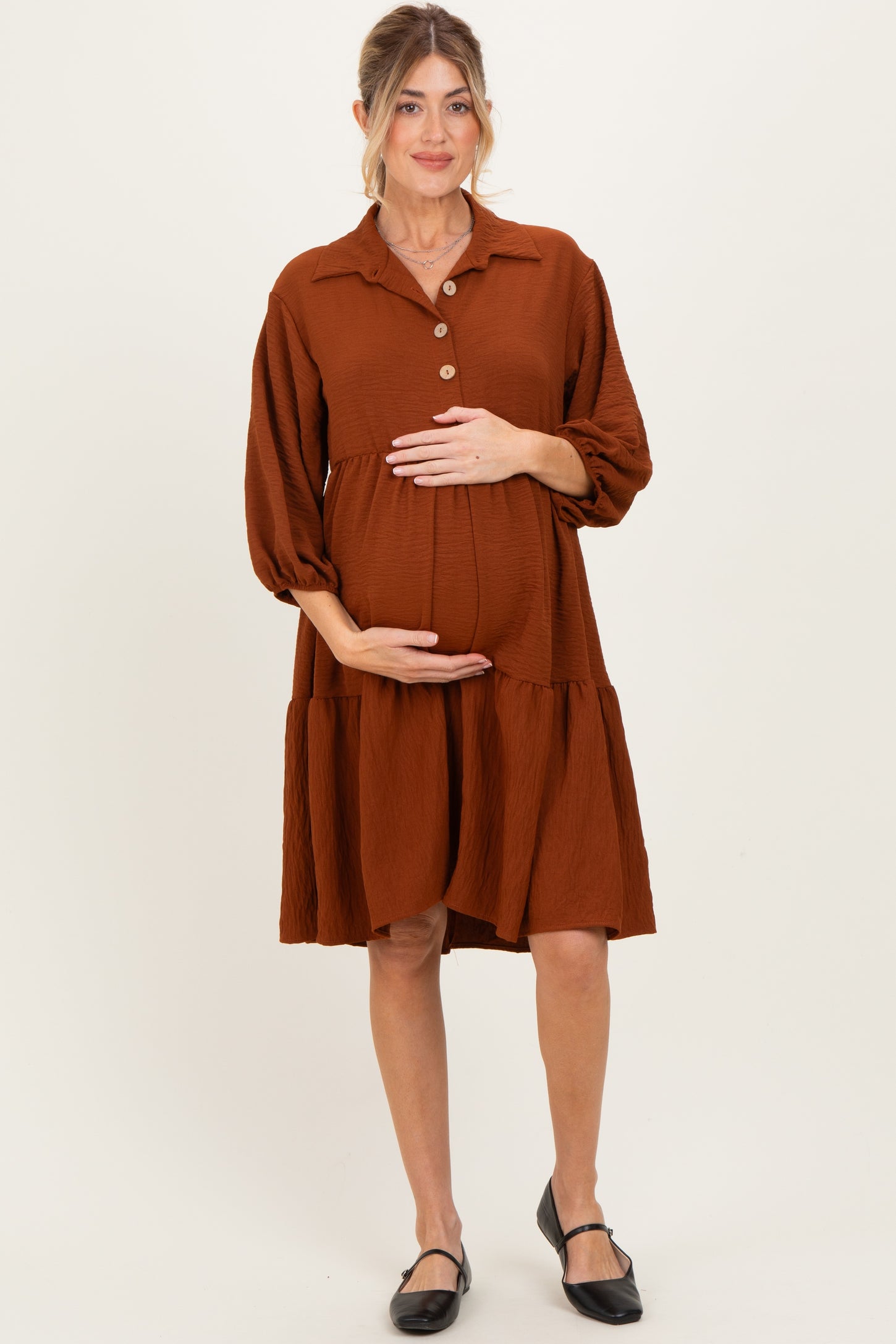 Camel Long Sleeve Button Down Collared Tiered Maternity Dress