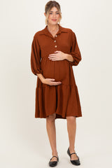 Camel Long Sleeve Button Down Collared Tiered Maternity Dress