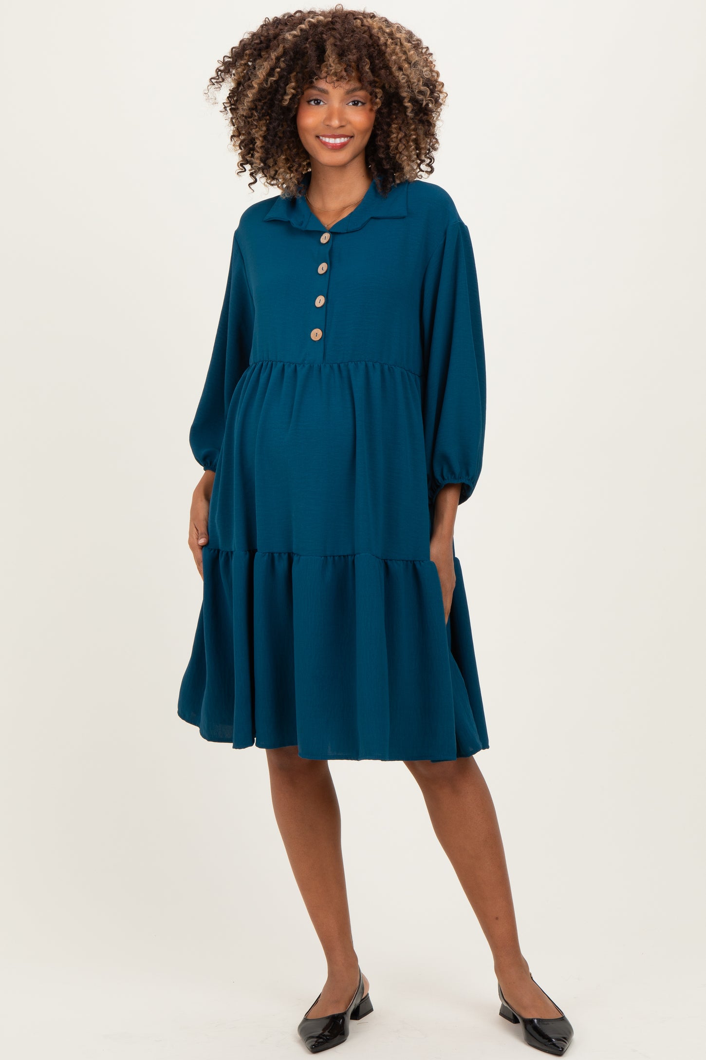 long sleeve tiered dress Dark Teal Long Sleeve Button Down Collared Tiered Maternity Dress
