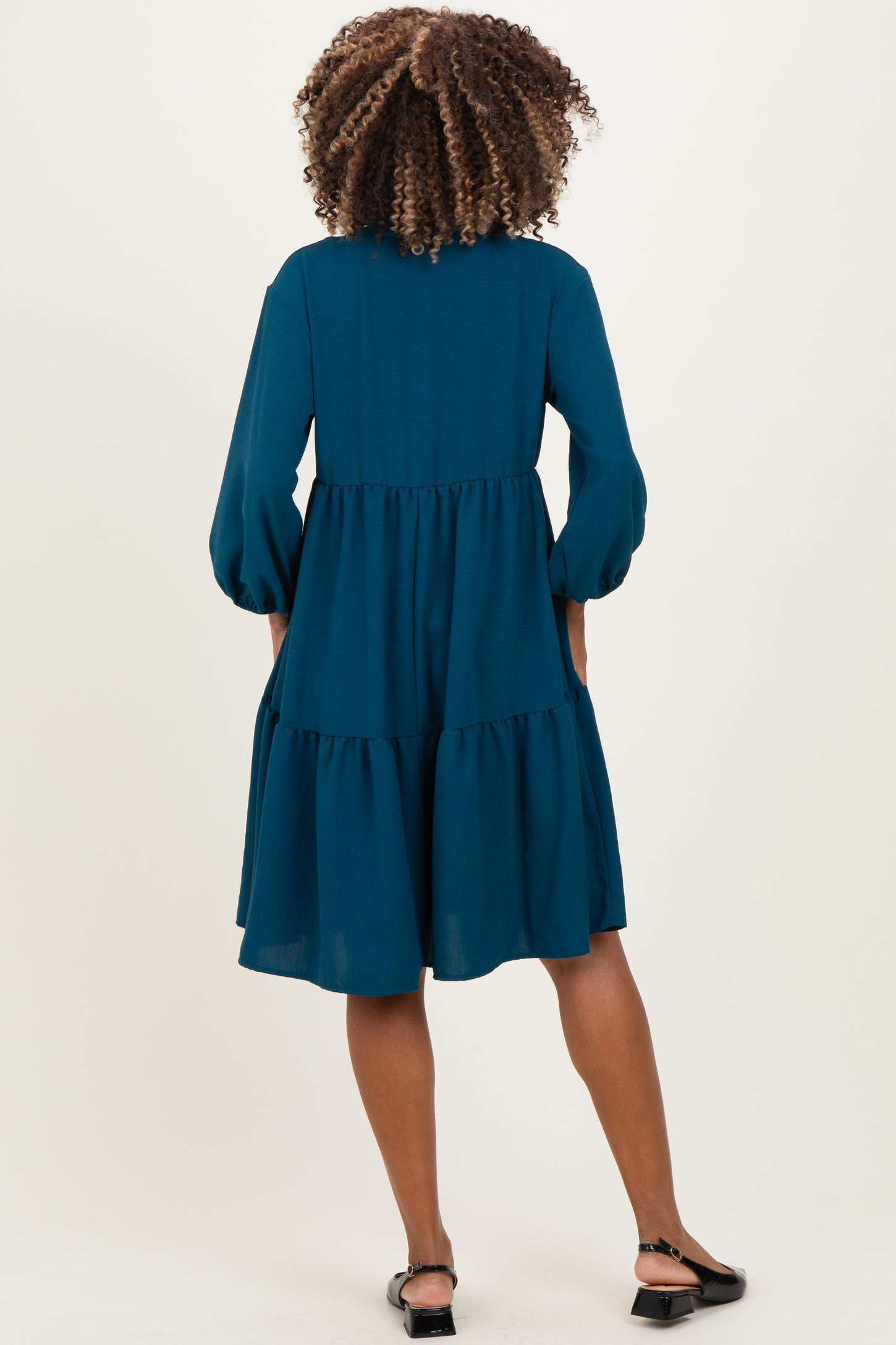 Dark Teal Long Sleeve Button Down Collared Tiered Maternity Dress