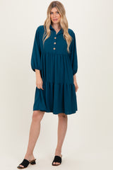 Dark Teal Long Sleeve Button Down Collared Tiered Dress