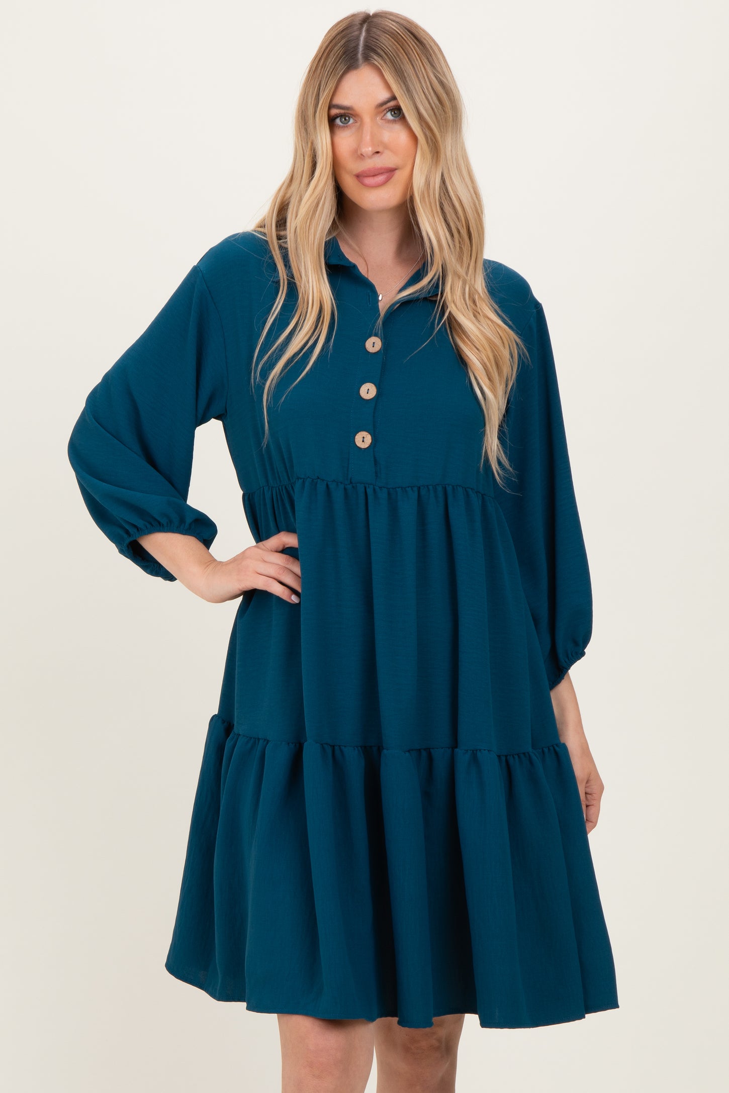 Dark Teal Long Sleeve Button Down Collared Tiered Dress
