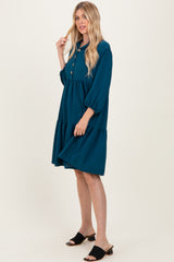 Dark Teal Long Sleeve Button Down Collared Tiered Dress