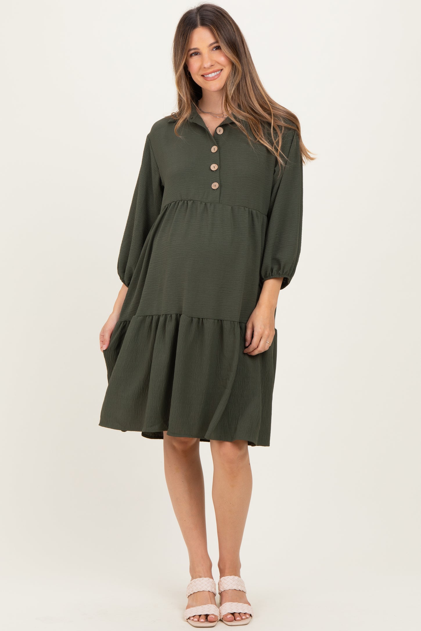 Olive Long Sleeve Button Down Collared Tiered Maternity Dress