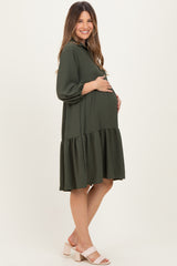 Olive Long Sleeve Button Down Collared Tiered Maternity Dress