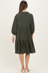Olive Long Sleeve Button Down Collared Tiered Maternity Dress