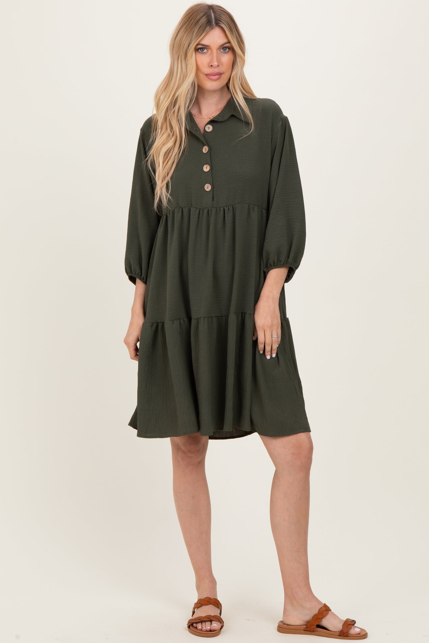 Olive Long Sleeve Button Down Collared Tiered Dress