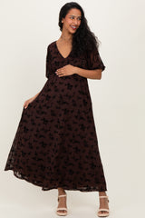 Brown Floral Mesh 3/4 Sleeve V-Neck Maternity Maxi Dress