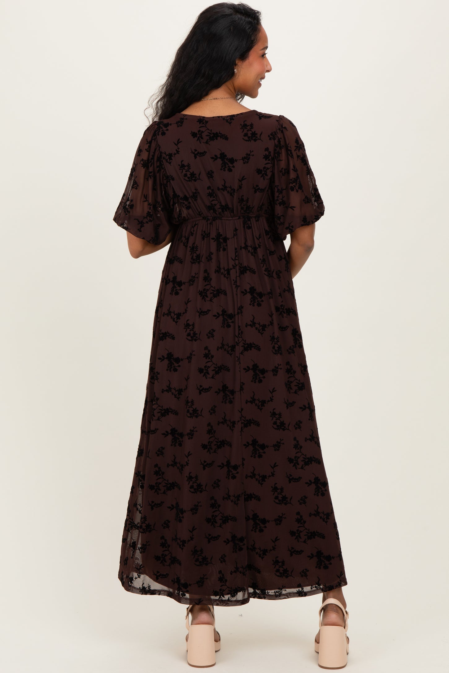 Brown Floral Mesh 3/4 Sleeve V-Neck Maternity Maxi Dress