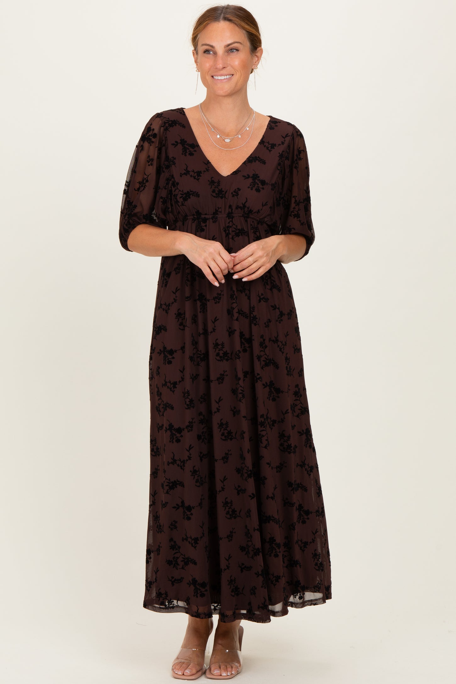 Brown Floral Mesh 3/4 Sleeve V-Neck Maternity Maxi Dress