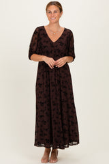 Brown Floral Mesh 3/4 Sleeve V-Neck Maternity Maxi Dress