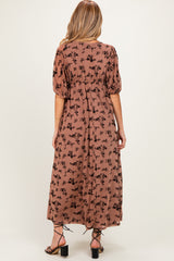 Mocha/Brown Floral Mesh 3/4 Sleeve V-Neck Maternity Maxi Dress