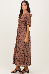 Mocha/Brown Floral Mesh 3/4 Sleeve V-Neck Maxi Dress