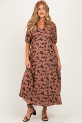 Mocha/Brown Floral Mesh 3/4 Sleeve V-Neck Maternity Maxi Dress