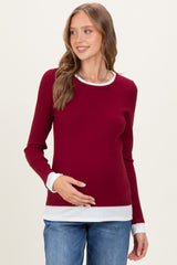 Burgundy Ribbed Long Sleeve Double Layer Maternity Top
