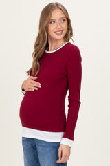 Burgundy Ribbed Long Sleeve Double Layer Maternity Top