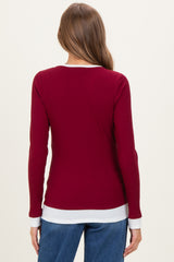Burgundy Ribbed Long Sleeve Double Layer Maternity Top