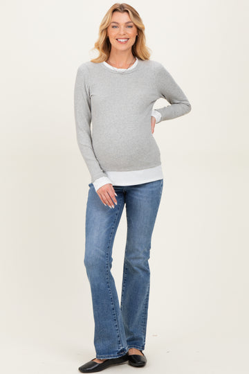 Heather Grey Ribbed Long Sleeve Double Layer Maternity Top