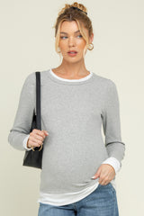 Heather Grey Ribbed Long Sleeve Double Layer Maternity Top