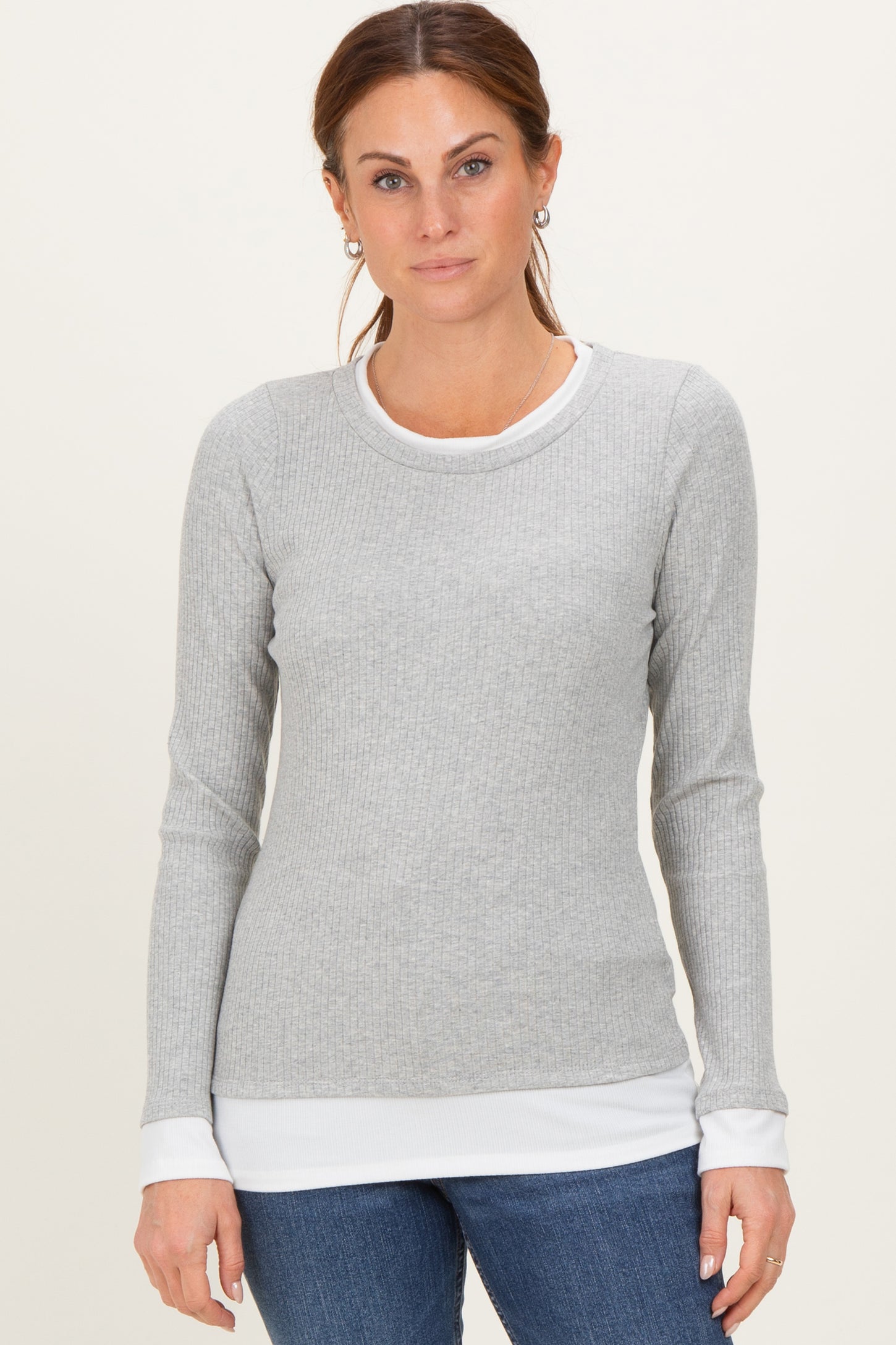 Heather Grey Ribbed Long Sleeve Double Layer Top