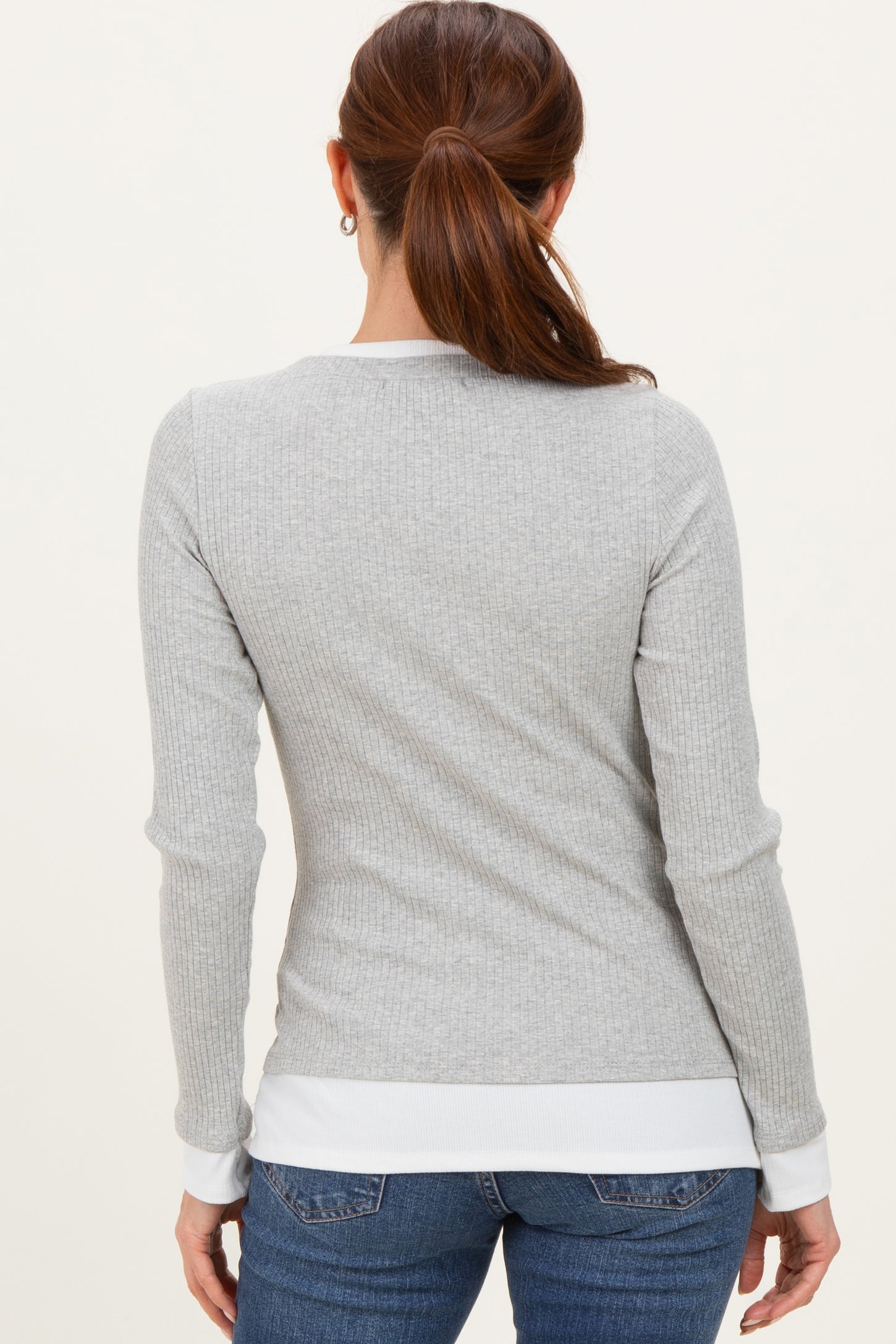 Heather Grey Ribbed Long Sleeve Double Layer Top