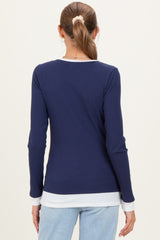 Navy Ribbed Long Sleeve Double Layer Maternity Top