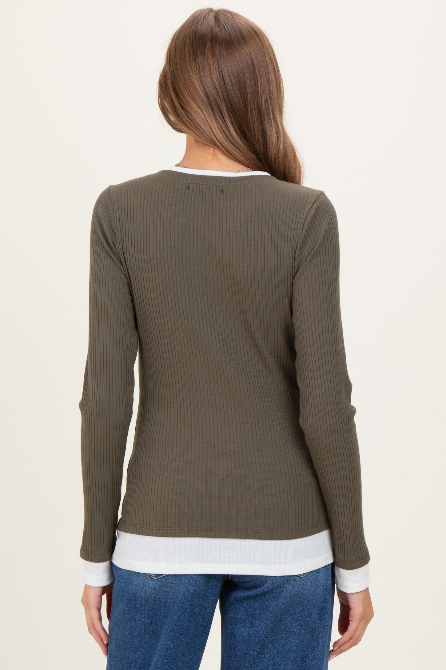 Olive Ribbed Long Sleeve Double Layer Maternity Top