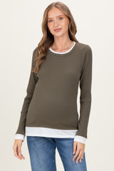 Olive Ribbed Long Sleeve Double Layer Maternity Top