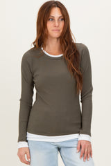 Olive Ribbed Long Sleeve Double Layer Top