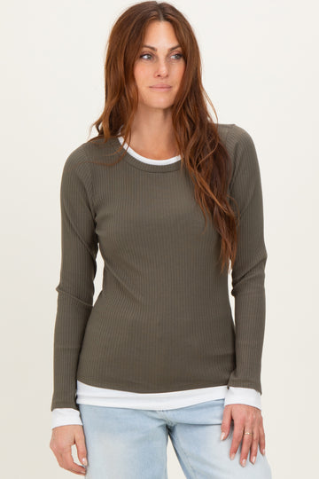 Olive Ribbed Long Sleeve Double Layer Top