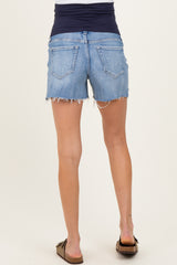 Blue Distressed Frayed Hem Maternity Jean Shorts
